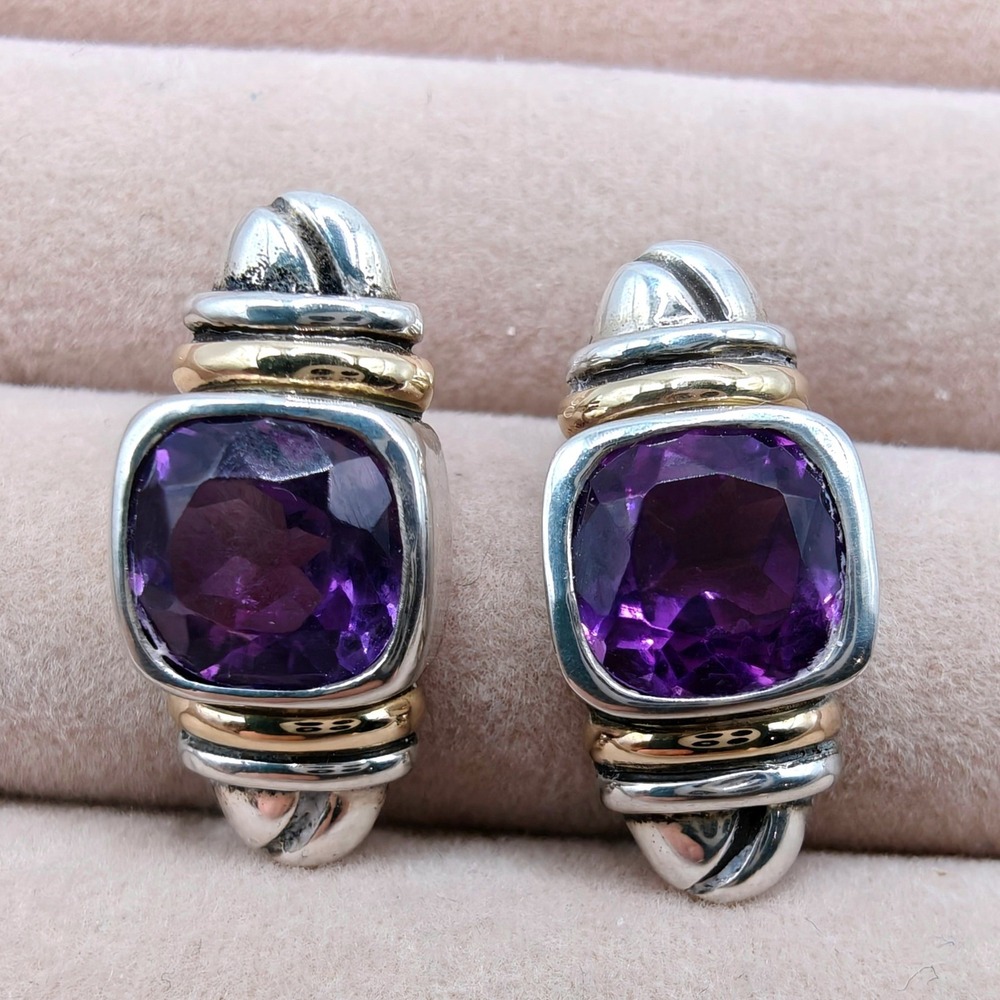 Vintage Sterling Silver 14K Gold Amethyst Cushion Cut Stud Earrings 6.4g